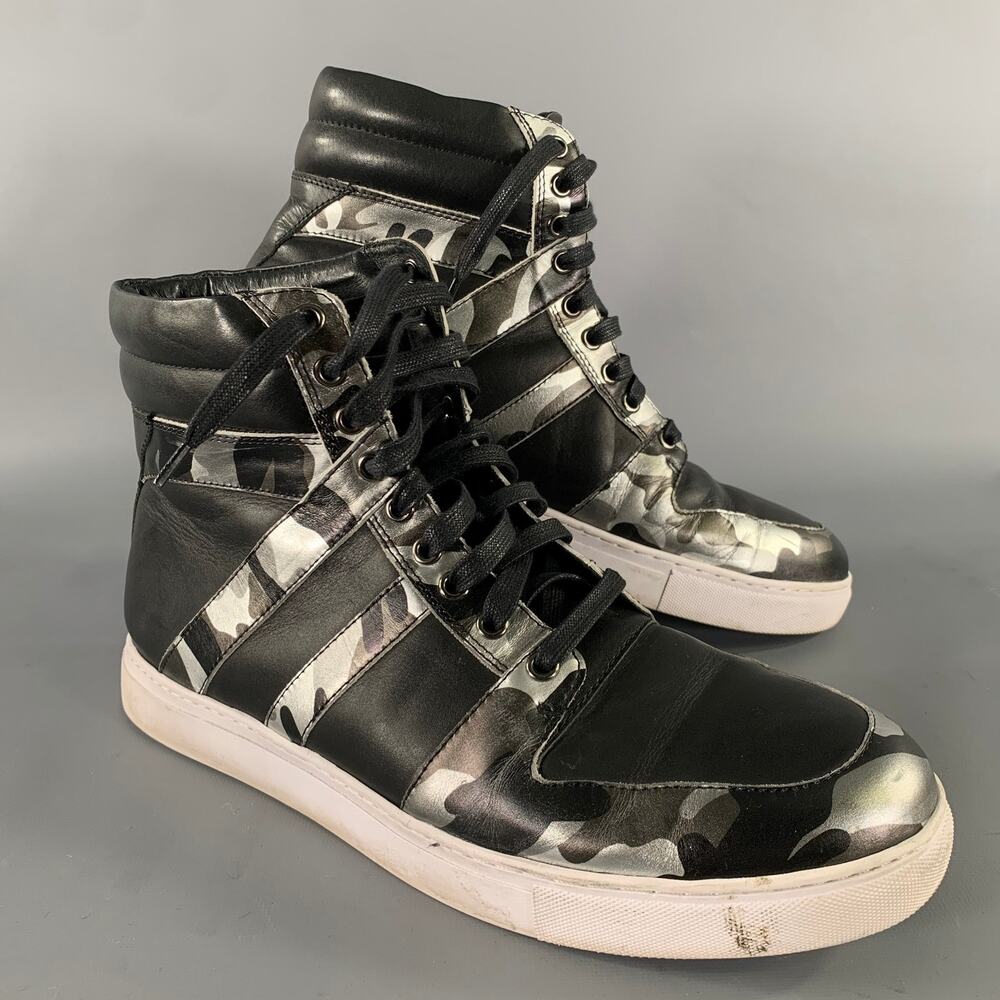 BADGLEY MISCHKA Size 12 Black Silver Camo Leather High Top Sneakers